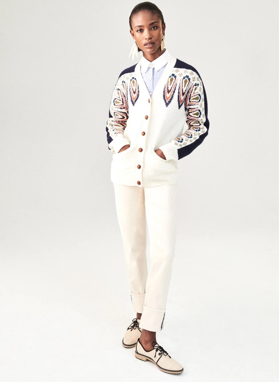 Tory Burch Cream Navy Multi Wool Blend Button Front Cardigan Sweater Large
